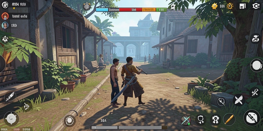 Screenshot gameplay <strong>898A</strong> menampilkan pembangunan rumah dan interaksi sosial.