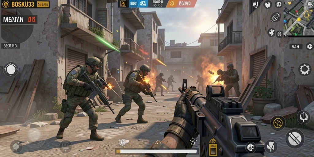 Screenshot gameplay BOSKU33 dengan aksi tembak-menembak yang seru.