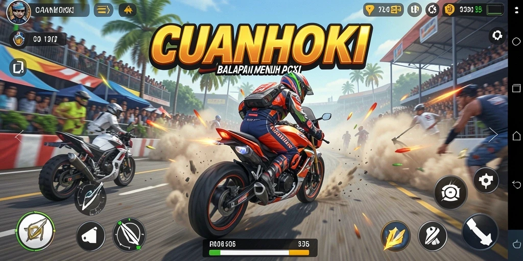 Tampilan gameplay seru di CUANHOKI dengan balapan motor yang menegangkan.