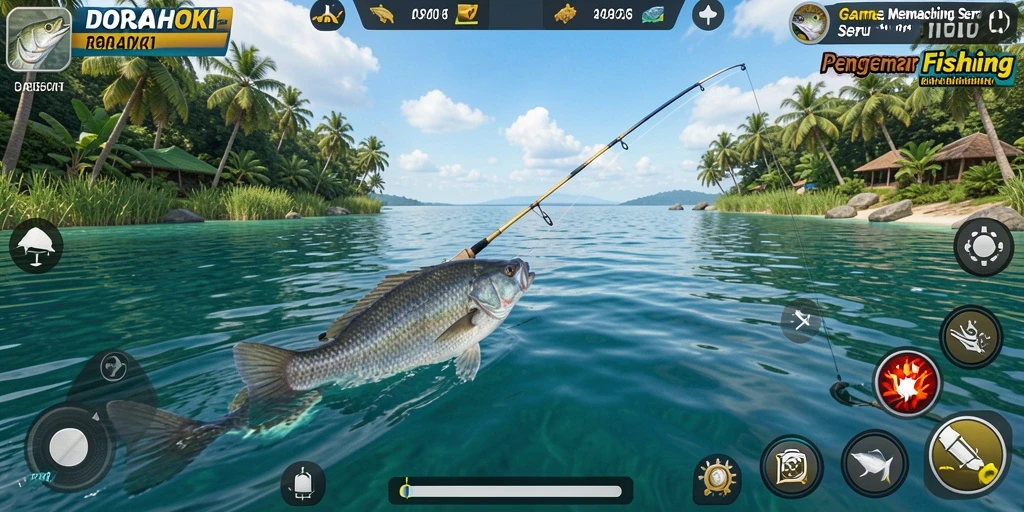 Tampilan gameplay DORAHOKI saat pemain menangkap ikan.