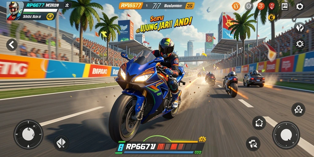 Screenshot RP6677 menampilkan balapan motor yang seru dan menegangkan.
