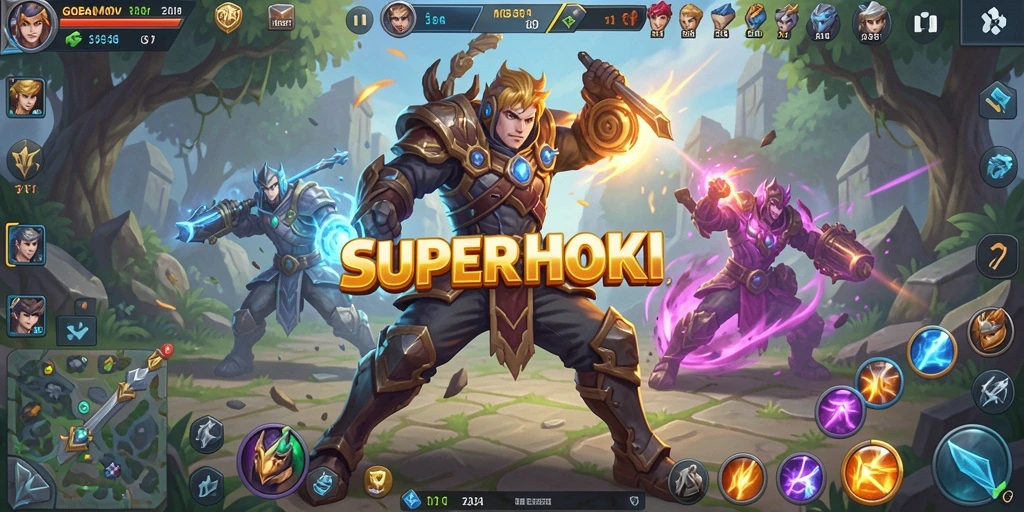 Tangkapan layar utama SUPERHOKI menampilkan aksi intens dalam pertempuran MOBA.