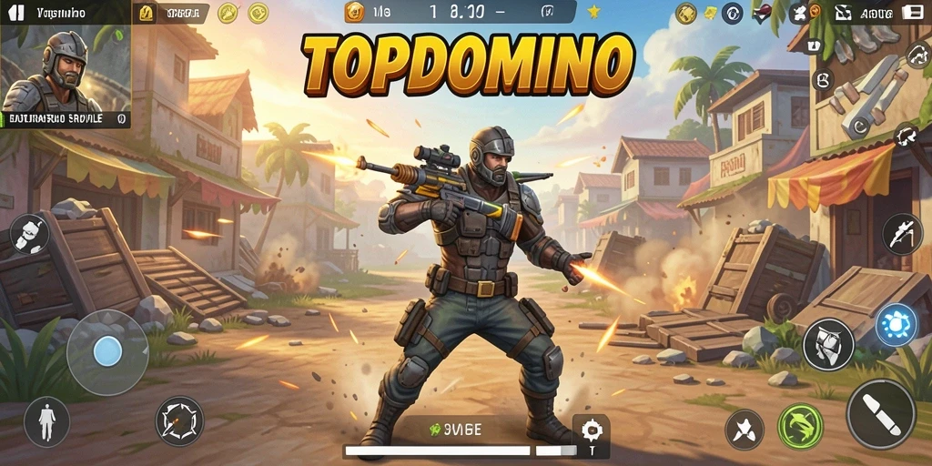 Screenshot gameplay TOPDOMINO menampilkan aksi seru di medan perang Battle Royale.